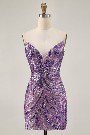 Sparkly Purple Strapless Tight Homecoming Dress